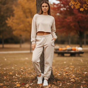 Better / Together Women's Baggy Cargo Fleece Sweat Pants Beige Lounge joggers L